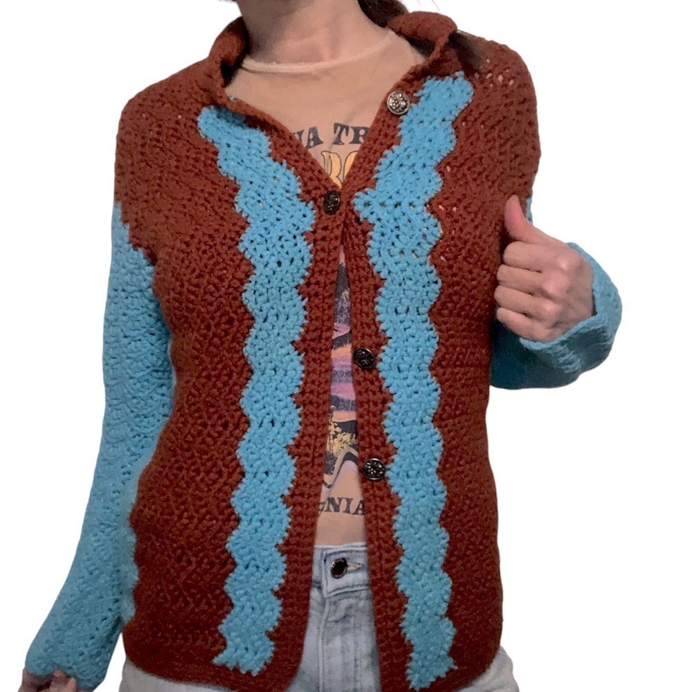 Vtg Handmade Granny Hexagon Crochet Cardigan Sweater Sz S Brown Blue Cottagecore